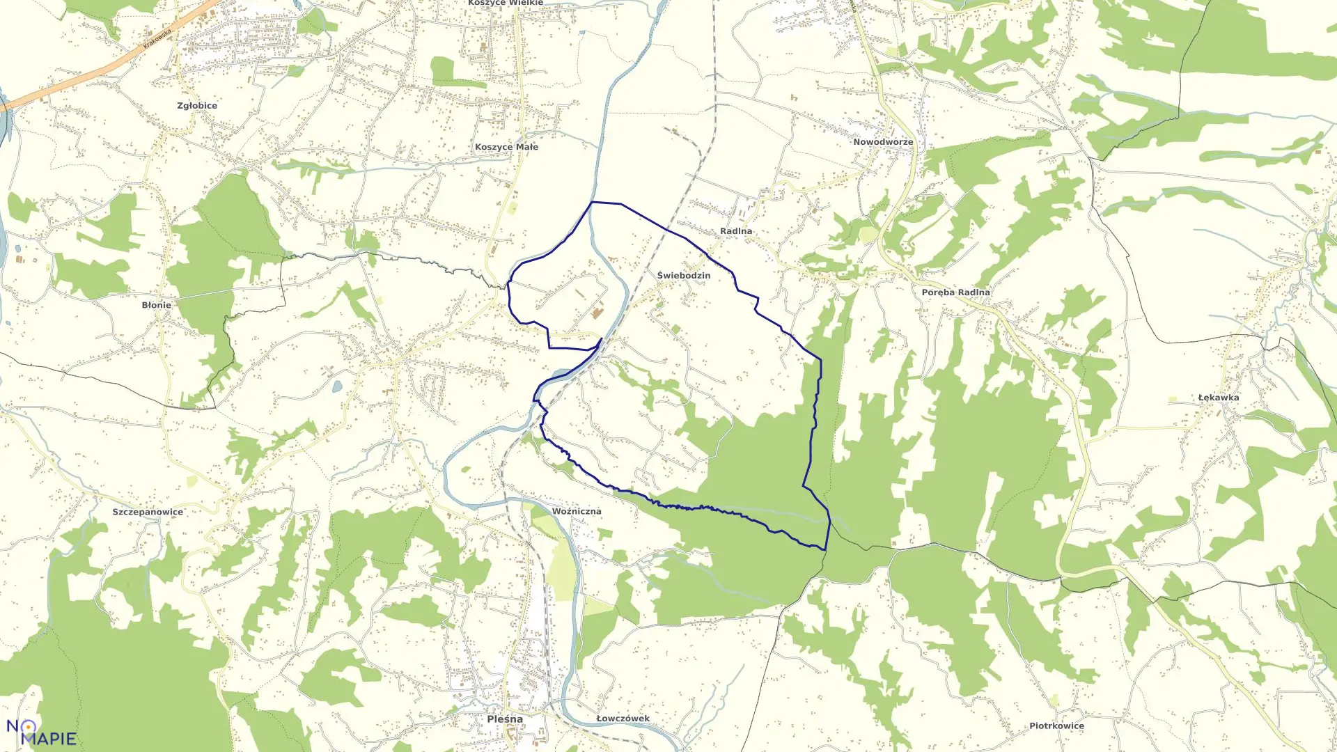 Mapa obrębu Świebodzin w gminie Pleśna