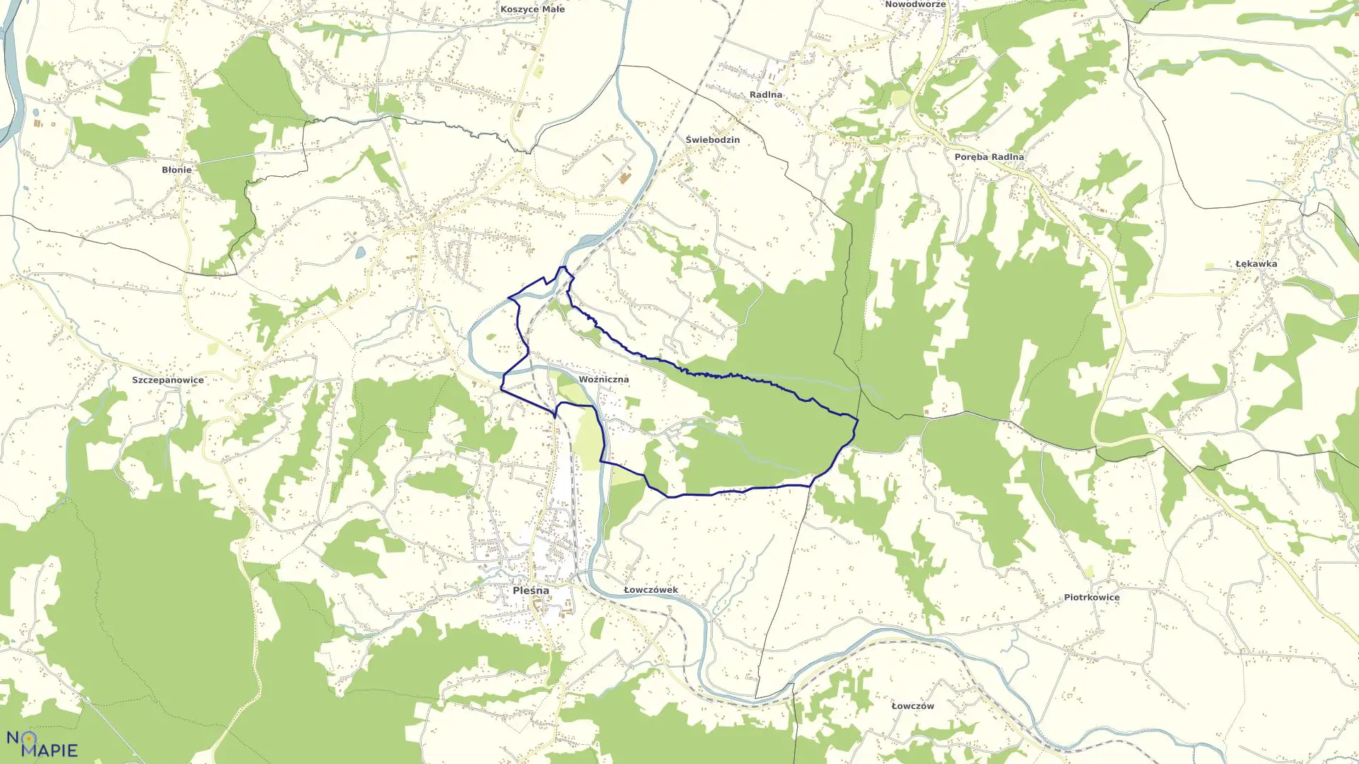 Mapa obrębu Woźniczna w gminie Pleśna